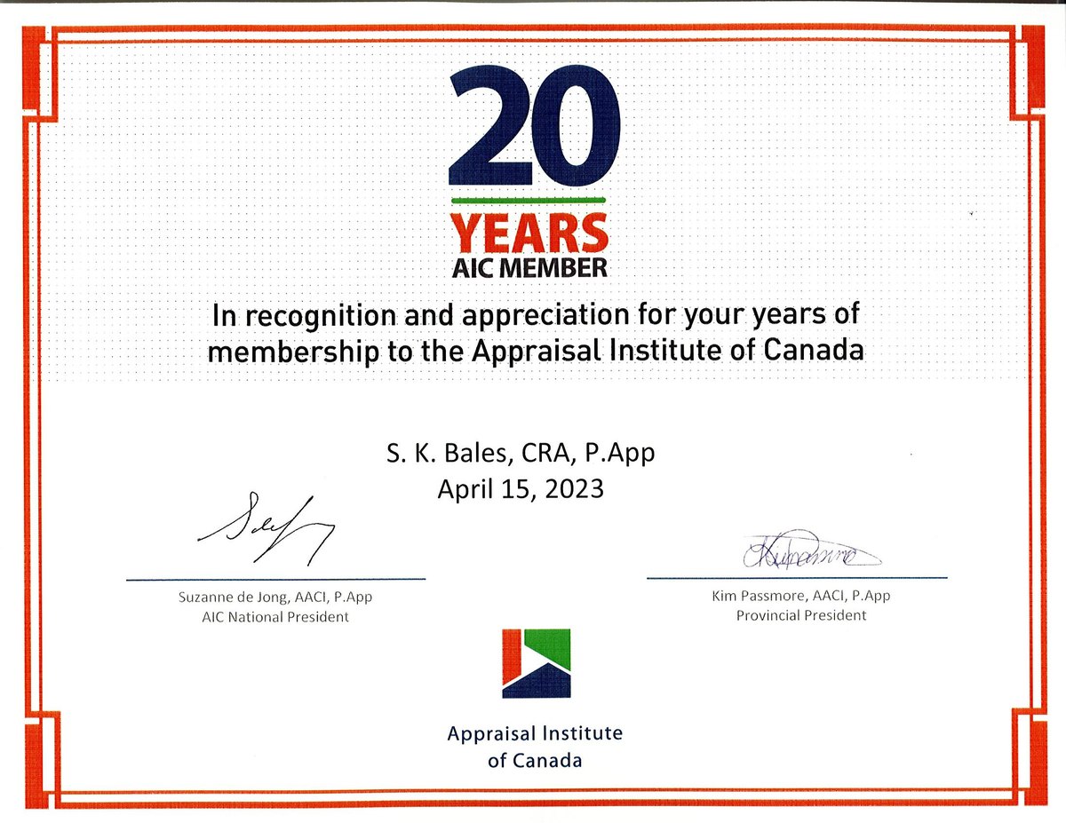 Appraisal Institute of Canada certificate recognising 20 years of membership for S. K. Bales